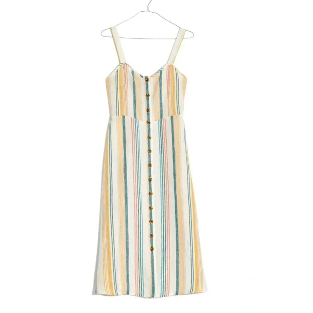 Madewell Linen Fitted-Bodice Midi Dress in Stripe Size 0 - Picture 2 of 11